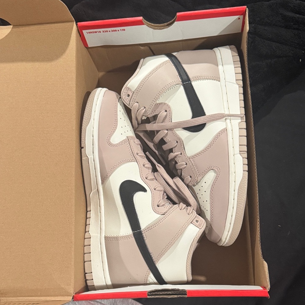 Dusty Pink and White High-Top Nike Sneakers with Black Swoosh